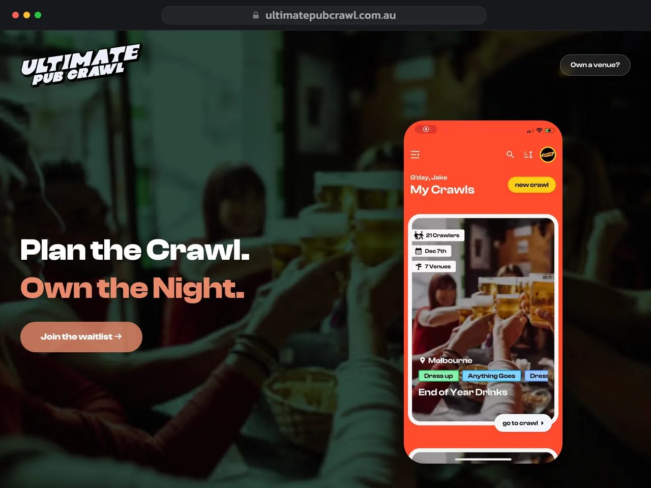Ultimate Pub Crawl website with the app on a phone