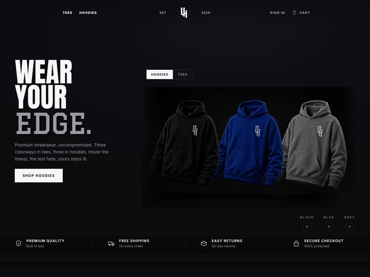 The Unhidden Co. storefront with three hoodies